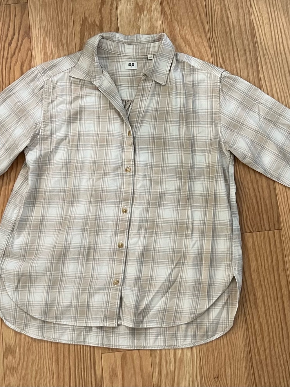 Uniqlo Cream and Brown Plaid Button-Down Shirt